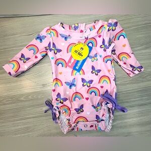 RuffleButts Baby Girl One Piece Rash Guard Swimsuit Rainbow Butterfly 3-6M NWT